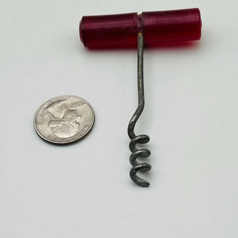Vintage Corkscrew Bar Tool Red Acrylic Handle Metal Spiral‎ Mid Century Retro